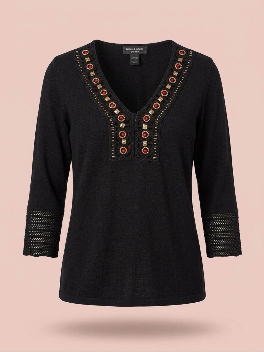 Cable & Gauge Black V-Neck Tunic with Red and Gold Accents